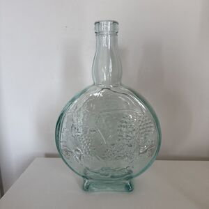 Vintage Grape Embossed Blue-Green Glass Wine Vinegar Bottle Made in Italy